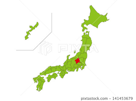 綠色地圖插圖,日本,群馬縣以紅色突出顯示。 綠色地圖插圖,日本,群馬縣以紅色突出顯示。 141453679