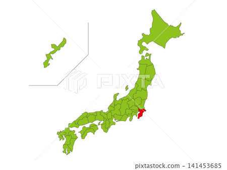 Green map illustration of Japan with Chiba Prefecture highlighted in red. 141453685