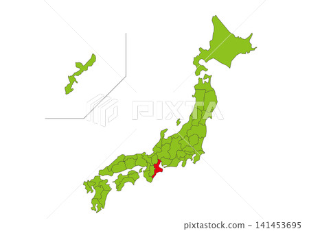 Green map illustration of Japan with Mie Prefecture highlighted in red. Green map illustration of Japan with Mie Prefecture highlighted in red. 141453695