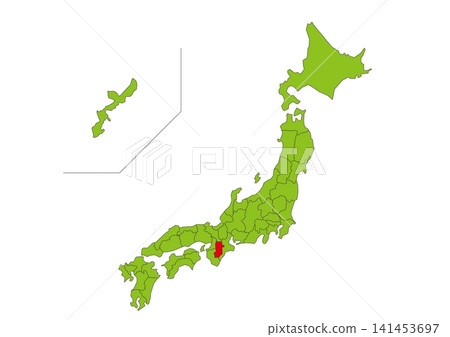 Green map illustration of Japan with Nara Prefecture highlighted in red. 141453697