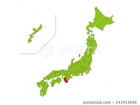 Green map illustration of Japan with Wakayama Prefecture highlighted in red. Green map illustration of Japan with Wakayama Prefecture highlighted in red. 141453698