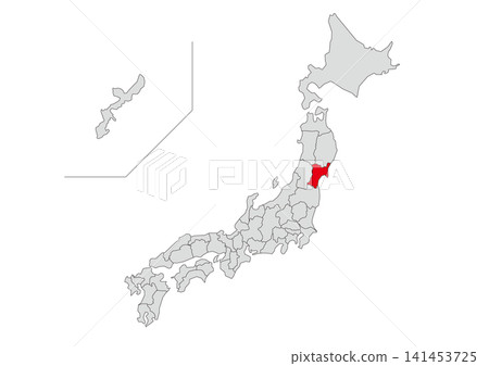 A gray map illustration of Japan with Miyagi Prefecture highlighted in red. 141453725