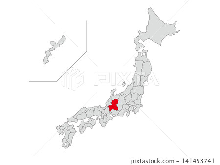 A gray map illustration of Japan with Gifu Prefecture highlighted in red. A gray map illustration of Japan with Gifu Prefecture highlighted in red. 141453741