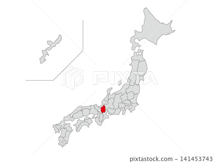 A gray map illustration of Japan with Shiga Prefecture highlighted in red. 141453743