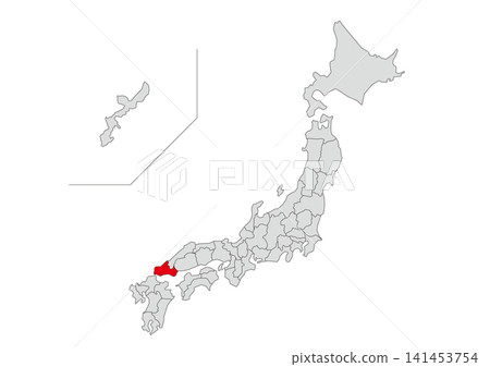 A gray map illustration of Japan with Yamaguchi Prefecture highlighted in red. A gray map illustration of Japan with Yamaguchi Prefecture highlighted in red. 141453754
