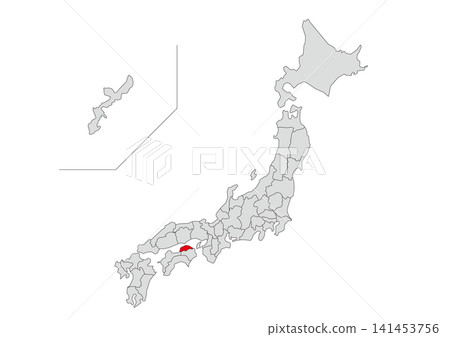 A gray map illustration of Japan with Kagawa Prefecture highlighted in red. A gray map illustration of Japan with Kagawa Prefecture highlighted in red. 141453756