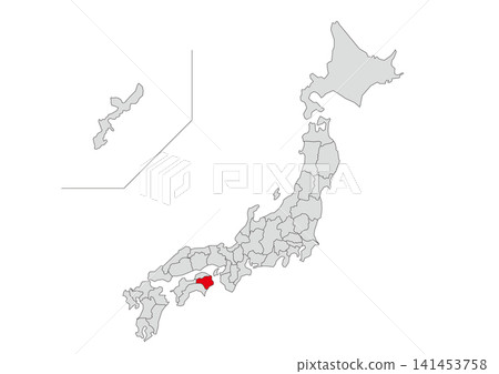 一張灰色的日本地圖插圖,其中德島縣以紅色突出顯示。 一張灰色的日本地圖插圖,其中德島縣以紅色突出顯示。 141453758