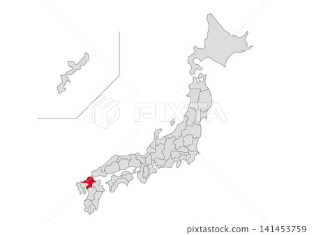 A gray map illustration of Japan with Fukuoka Prefecture highlighted in red. A gray map illustration of Japan with Fukuoka Prefecture highlighted in red. 141453759