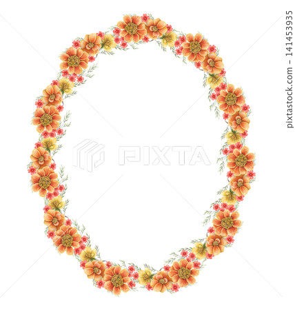 French marigold oval wreath watercolor illustration. Hand drawn Tagetes patula with copy space in vibrant botanical style. Floral colorful template for greeting card. Autumn invitation ellipse design. French marigold oval wreath watercolor illustration. Hand drawn Tagetes patula with copy space in vibrant botanical style. Floral colorful template for greeting card. Autumn invitation ellipse design. 141453935