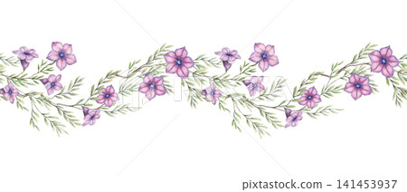 Violet flowers seamless border watercolor illustration. Hand drawn Petunia integrifolia with green leaves in botanical style. Floral design for rustic invitation card. Natural repeat summer template. Violet flowers seamless border watercolor illustration. Hand drawn Petunia integrifolia with green leaves in botanical style. Floral design for rustic invitation card. Natural repeat summer template. 141453937