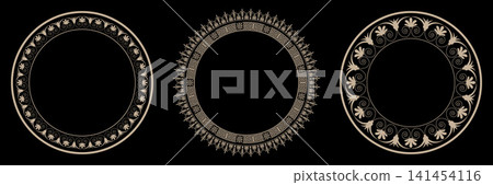 Set of decorative gold round frames for design with Greek key meander.  Egyptian, Assyrian, Greek motif circular frame. Template for textile, engraving, plate,  forging, embroidery, mirrors, photo 141454116