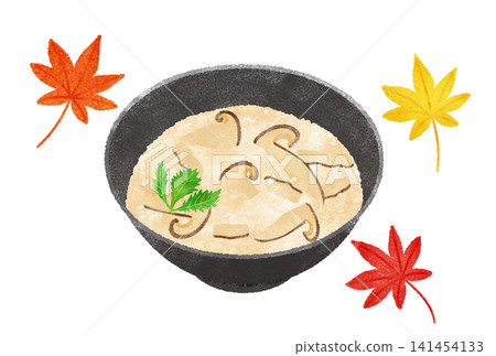 Watercolor illustration of maple leaves and matsutake mushroom rice Watercolor illustration of maple leaves and matsutake mushroom rice 141454133