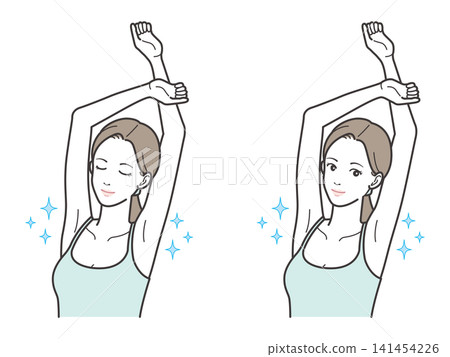 A set of two illustrations of a woman with both arms raised, showing her armpits (armpit hair removal, armpit care, antiperspirant, stretching, eyes closed, eyes open). A set of two illustrations of a woman with both arms raised, showing her armpits (armpit hair removal, armpit care, antiperspirant, stretching, eyes closed, eyes open). 141454226
