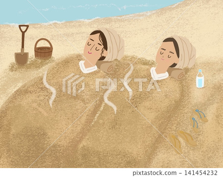 An illustration of two women enjoying a sand bath. 141454232