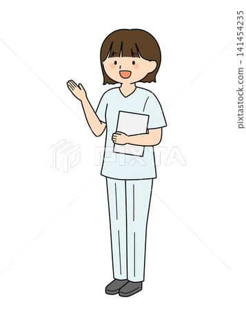 女醫生手持活頁夾進行講解的全身插圖。 女醫生手持活頁夾進行講解的全身插圖。 141454235