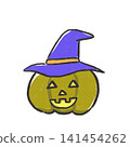 A Halloween pumpkin illustration wearing a purple witch's hat. 141454262