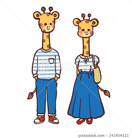 一對穿著休閒服的長頸鹿夫婦的插圖。 一對穿著休閒服的長頸鹿夫婦的插圖。 141454321