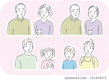 An illustration of a smiling couple and family spanning three generations. An illustration of a smiling couple and family spanning three generations. 141454373
