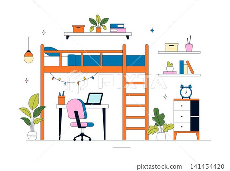 Bedroom Vector Illustration Featuring Modern Interior Design, Cozy Sleeping Space, Home Furniture, Comfortable Living, and Minimalist Room Bedroom Vector Illustration Featuring Modern Interior Design, Cozy Sleeping Space, Home Furniture, Comfortable Living, and Minimalist Room 141454420