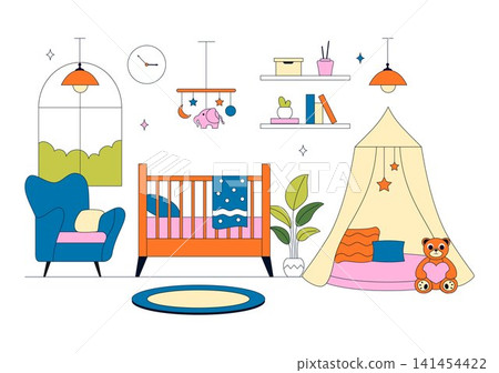 Bedroom Vector Illustration Featuring Modern Interior Design, Cozy Sleeping Space, Home Furniture, Comfortable Living, and Minimalist Room Bedroom Vector Illustration Featuring Modern Interior Design, Cozy Sleeping Space, Home Furniture, Comfortable Living, and Minimalist Room 141454422