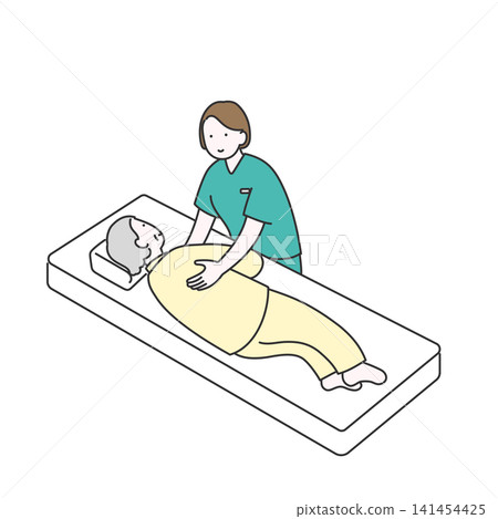 一幅醫護人員正在為臥床不起的老婦人調整體位的插圖。 141454425