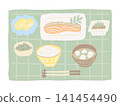 A healthy Japanese set meal featuring grilled salmon and natto, accompanied by a hand-drawn illustration on a placemat. 141454490