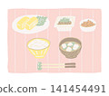 A simple Japanese breakfast of tamagoyaki (rolled omelet) and natto (fermented soybeans), accompanied by a hand-drawn illustration on a placemat. 141454491
