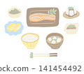 Hand-drawn illustrations of a set of Japanese food ingredients, including grilled salmon and natto (fermented soybeans). 141454492