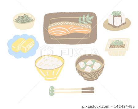 Hand-drawn illustrations of a set of Japanese food ingredients, including grilled salmon and natto (fermented soybeans). Hand-drawn illustrations of a set of Japanese food ingredients, including grilled salmon and natto (fermented soybeans). 141454492