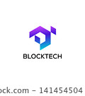 Blockchain Technology Icon and Logo Design with Hexagonal Ribbon 141454504