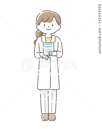 藥劑師手持藥袋的全身插圖(手繪風格)。 藥劑師手持藥袋的全身插圖(手繪風格)。 141454569