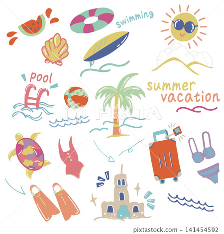 Summer, summer set, beach set, pool, travel, handwritten, handwritten illustration, travel set Summer, summer set, beach set, pool, travel, handwritten, handwritten illustration, travel set 141454592