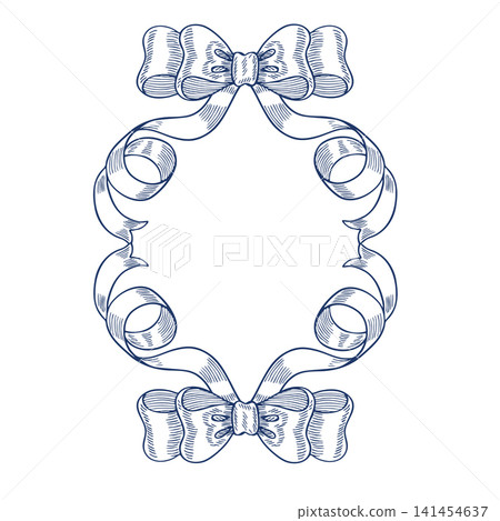 Frame with decorative bows. Hand-drawn vector graphic illustration. White and blue color scheme. Coquette postcard template. For designing covers, invitations, postcards, certificates, and more. Frame with decorative bows. Hand-drawn vector graphic illustration. White and blue color scheme. Coquette postcard template. For designing covers, invitations, postcards, certificates, and more. 141454637