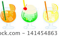 A set of vector illustrations of orange juice, cream soda, and lemon squash in retro glasses. 141454863