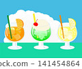 Vector illustration with a background of orange juice and cream soda in retro glasses against a summer sky. 141454864