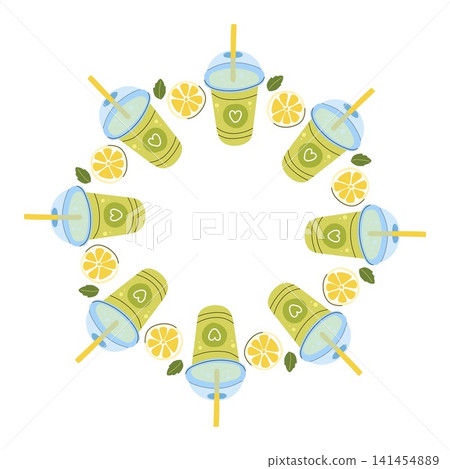 Matcha green tea smoothie frame round circle border with lemon slices and mint leaves on white Matcha green tea smoothie frame round circle border with lemon slices and mint leaves on white 141454889