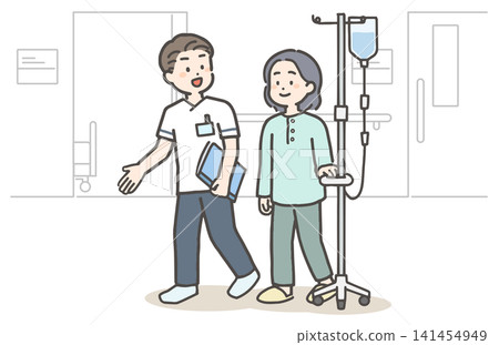 A female patient and a male medical worker walk through the hospital carrying an IV drip. A female patient and a male medical worker walk through the hospital carrying an IV drip. 141454949