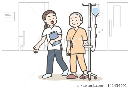 A senior male patient walking through the hospital with an IV drip, and a female healthcare worker. A senior male patient walking through the hospital with an IV drip, and a female healthcare worker. 141454991