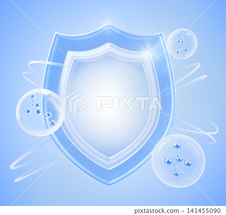 Glass shield 3d icon with molecule bubbles on light blue background. Virus protection liquid medicine, bio cell collagen supplements, vitamin complex. Pharma lab, medical ad banner. 3D illustration Glass shield 3d icon with molecule bubbles on light blue background. Virus protection liquid medicine, bio cell collagen supplements, vitamin complex. Pharma lab, medical ad banner. 3D illustration 141455090