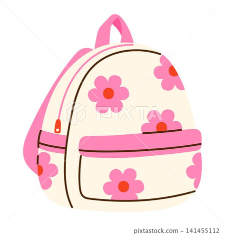 Cute floral school backpack. Colorful kids backpack with flower pattern. Perfect for back to school, education, kindergarten, preschool, and children's projects. Isolated vector illustration Cute floral school backpack. Colorful kids backpack with flower pattern. Perfect for back to school, education, kindergarten, preschool, and children's projects. Isolated vector illustration 141455112