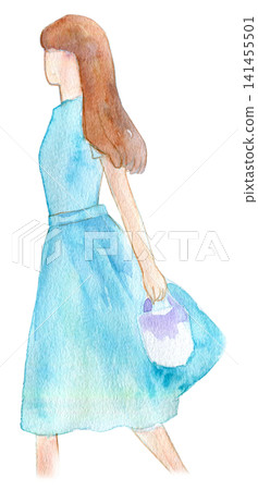 水彩插畫，手繪插畫，一位外出的女士肖像。 141455501