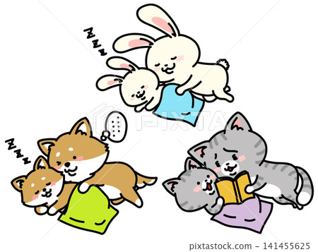 Common bedtime scenarios illustrated: falling asleep, pretending to sleep, reading aloud 141455625