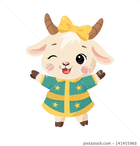 Cute winking cartoon baby goat girl with a yellow bow and green dress Cute winking cartoon baby goat girl with a yellow bow and green dress 141455968
