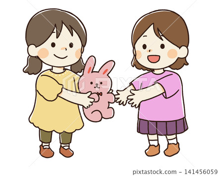 An illustration of a girl lending out toys. An illustration of a girl lending out toys. 141456059