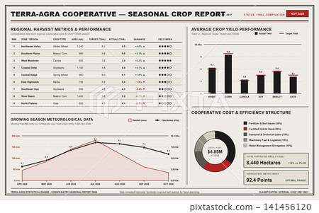 Agricultural Seasonal Crop Report Dashboard with Harvest Metrics and Data Charts Agricultural Seasonal Crop Report Dashboard with Harvest Metrics and Data Charts 141456120