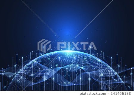 Abstract futuristic global network connection background with glowing planet earth and big data waves. 141456188