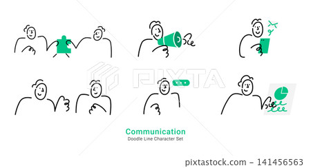 Business communication. Simple doodle line art characters sharing puzzle pieces, speaking into a megaphone, using smartphones, and presenting pie chart data. Business communication. Simple doodle line art characters sharing puzzle pieces, speaking into a megaphone, using smartphones, and presenting pie chart data. 141456563