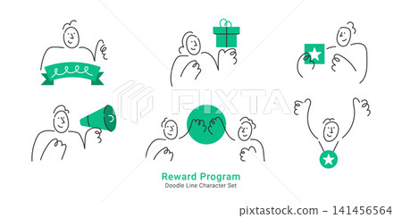 Customer reward program and loyalty marketing concepts. Doodle line characters with gift box, winner medal, star badge, ribbon banner, and megaphone. Customer reward program and loyalty marketing concepts. Doodle line characters with gift box, winner medal, star badge, ribbon banner, and megaphone. 141456564