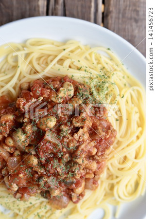 Homemade meat sauce spaghetti made with soybeans and plenty of mushrooms. Homemade meat sauce spaghetti made with soybeans and plenty of mushrooms. 141456723
