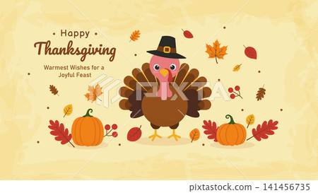 Festive Thanksgiving Illustration with Turkey, Pumpkins, and Fall Foliage Festive Thanksgiving Illustration with Turkey, Pumpkins, and Fall Foliage 141456735